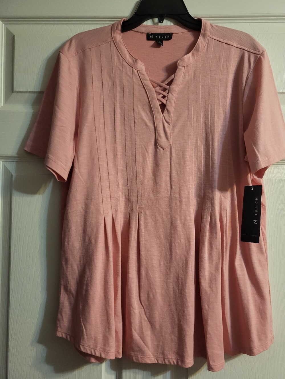 NWT Women's Pink Short-Sleeve Lace-Up Pleated Top